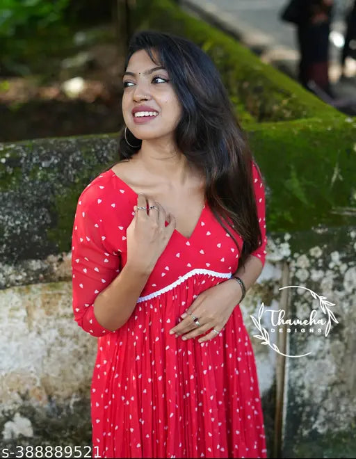 White and red heart pattern Georgette dress, V-neck Alia cut kurti, comfortable and stylish wear