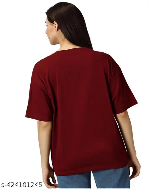 Maroon printed cotton oversize mini face women's t-shirt with three-quarter sleeves, India-made