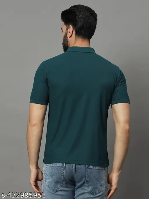 Mens cotton blend solid half sleeve polo neck T-shirt, printed with denim pattern on chest - XL (44in chest, 29in length). India origin