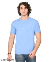 Sky blue polyester men's half sleeves trendy t-shirt, comfortable fit and round neck design