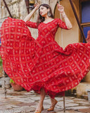Red bandhej ankle length rayon kurti, Indian handcrafted print casual wear in red for women with short sleeves