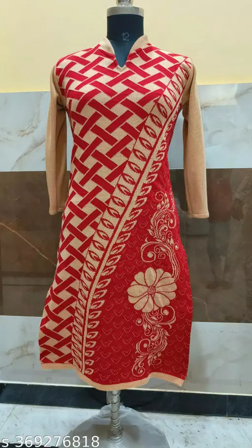 Orange and black printed fancy wool kurti with three-quarter sleeves, trendy women's fashion from India