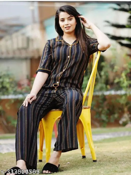 Lining black printed night suits for girls and women - cotton top & bottom, three-quarter sleeves, size S to XXXL, seasonally versatile Indian fashion