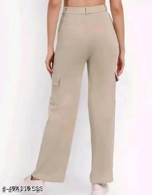 Cream Lycra pant for women, MJ fashion solid color style. Sizes: 26, 28, 30, 32, 36, 38 (waist 26-37in, hip 36-37in, length 35-37in). Indian-made