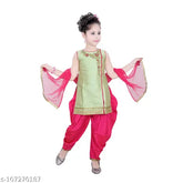 Hayat Fashions sleeveless Patiyala suit set in poly silk, art silk dupatta, and net, featuring embellished design for girls ages 12 months to 12 years, India-made quality clothing for all seasons