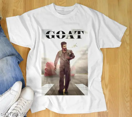GOAT Thalapathy Vijay T-shirt (India), Printed polycotton, short sleeves, contemporary design for trendy, modern, classic, and partywear men's wear