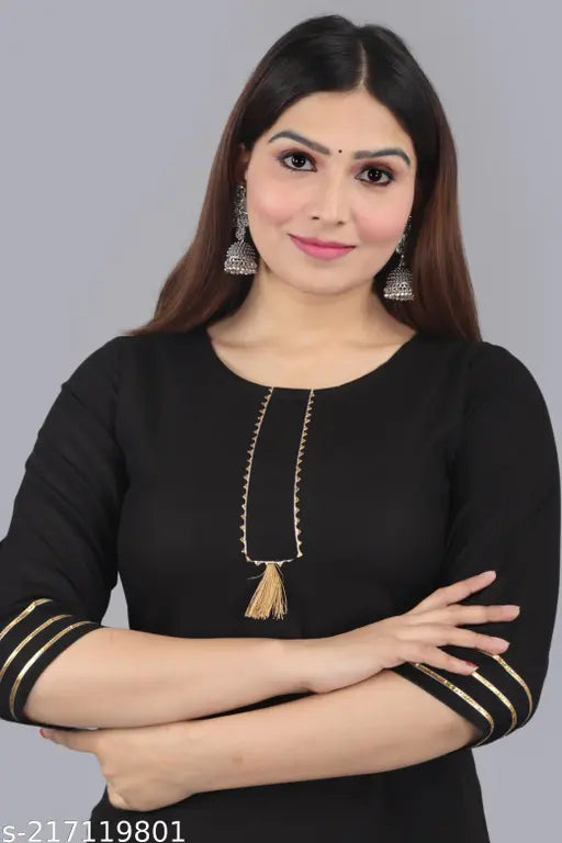 Rayon Solid Gota Work Black Kurti Palazzo Set: 100% soft, cool & breathable rayon ethnic kurti with no pockets, long-lasting elastic waist, and premium quality palazzo bottoms