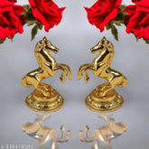 Metal gold horse figurines, 2 decorative Feng Shui/Vastu showpieces - 12cm (Indian origin)