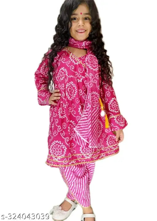 Cotton Bandhni dhoti peplum top & printed dupatta for Indian traditional wear, suitable for 12-18/18-24 months