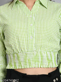 Green checked cotton full-sleeve collared crop top for women, fashionable casual wear from India