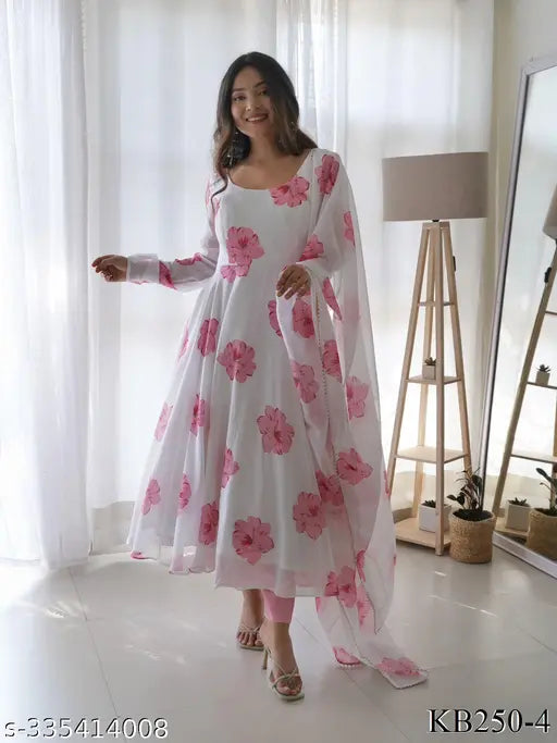 Georgette floral printed Anarkali kurta with dupatta, high-quality women's ethnic wear featuring long sleeves and vibrant print. Perfect for occasions and traditional wear, available in sizes S-5XL. Made in India