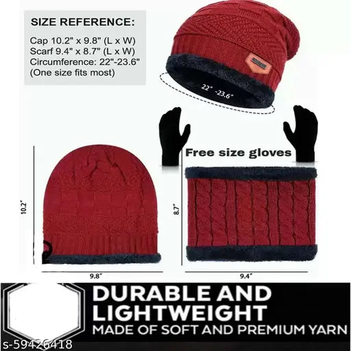 Maroon textured woolen beanie cap set (1 cap, 1 neck warmer, 1 pair gloves) - super warm and snow proof winter accessory