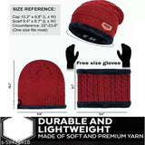 Maroon textured woolen beanie cap set (1 cap, 1 neck warmer, 1 pair gloves) - super warm and snow proof winter accessory