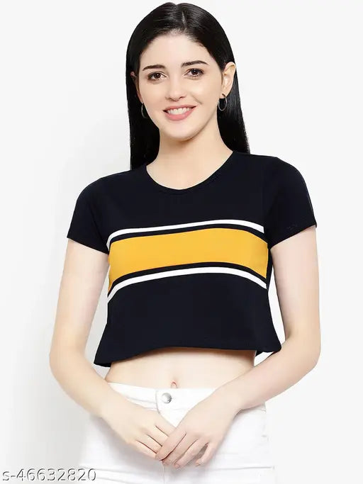 Trendy sensational women's cotton T-shirt, solid colorblocked crop top with printed design, short sleeves, L (36in bust, 18in length) or XL (38in bust, 18in length) - made in India