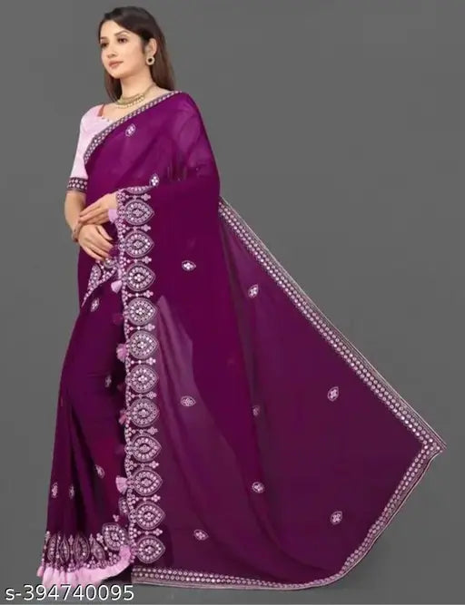 Purple embellished Georgette saree for women's festive wear, free size, India-made