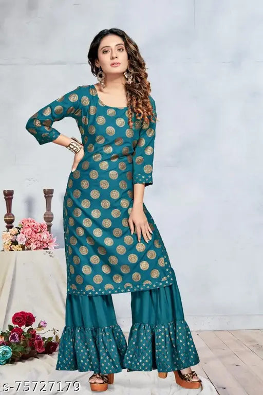 Foil print round neck rayon kurta with sharara bottom, trendy party and wedding wear for women" (125 characters)