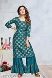 Foil print round neck rayon kurta with sharara bottom, trendy party and wedding wear for women" (125 characters)