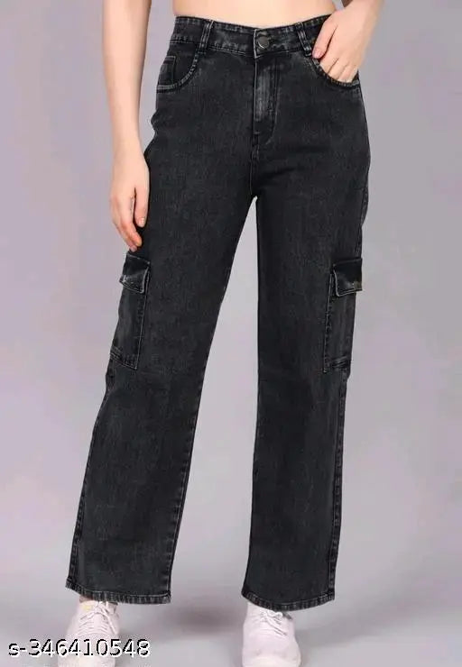 Black denim six-pocket cargo for women, embellished net detail, standard size (26-34)
