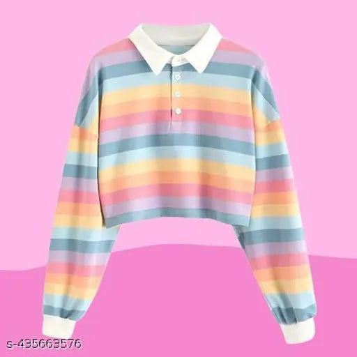Korean Rainbow Color Splash Polo T-Shirt: Chic pastel striped long sleeve Lycra shirt in blue, pink, yellow, orange with white collar, ideal for casual wear. Made in India