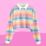 Korean Rainbow Color Splash Polo T-Shirt: Chic pastel striped long sleeve Lycra shirt in blue, pink, yellow, orange with white collar, ideal for casual wear. Made in India