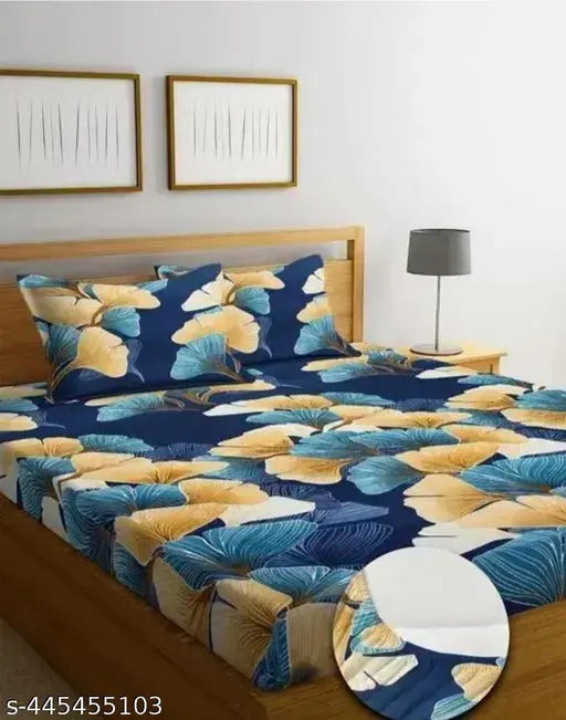 Organic cotton, botanical-print fitted double bedsheet set with 2 pillow covers - snug fit for summer, ideal for adult use (Gravia Homes)