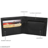 Black synthetic trifold wallet, classic design with 2 card slots, cash compartment, and coin pocket, perfect for men's everyday essentials. Made in India