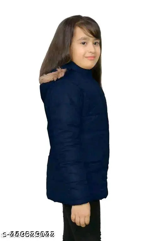 Navy blue nylon long sleeve girls jacket, popular winter wear for kids aged 18-5 years, made in India