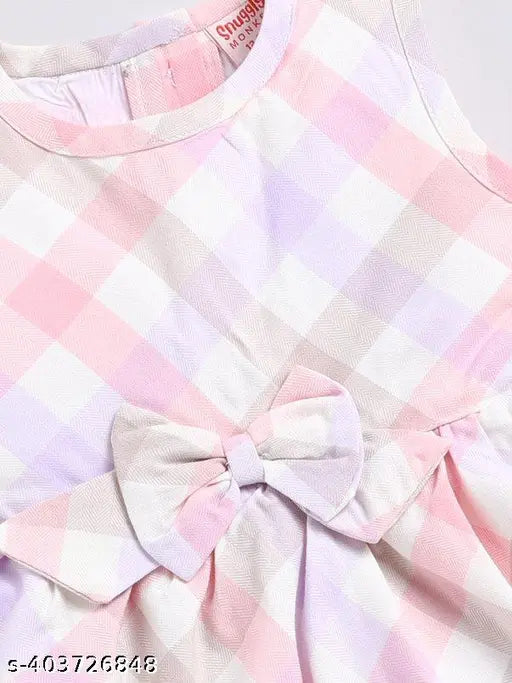 Cotton snuggly monkey checks print sleeveless frock with lace, perfect for 6-18 month old babies in India
