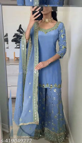 Women's heavy faux Georgette party wear with embroidery sequence work, features a Kurta and matching bottomwear, single size, Indian origin, weighing 950gm