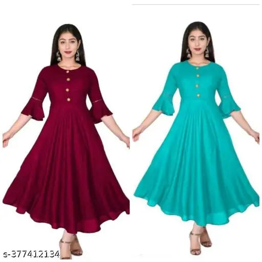 Rayon Anarkali kurti with bell sleeves, solid combo, three-quarter sleeves, M (Bust Size: 38 in), #LatestDesignKurti for women, India