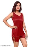 Maroon satin top & shorts set, comfortable and chic sleepwear in solid color, dream night brand, India origin