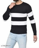 Black cotton blend t-shirt, long sleeves, colorblocked stripe design, Kwello Clothing, India