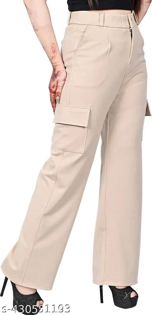 Solid cotton-blend cargo pocket paint, trendy four-pocket girl's pants from India