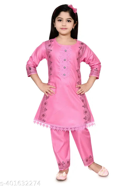 Rayon A-line top & trouser set, printed with fun patterns for girls' festive wear, India origin