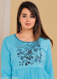 Light rayon embroidered Anarkali kurti with three-quarter sleeves, features intricate Indian designs, size S (36in bust, 46in length)