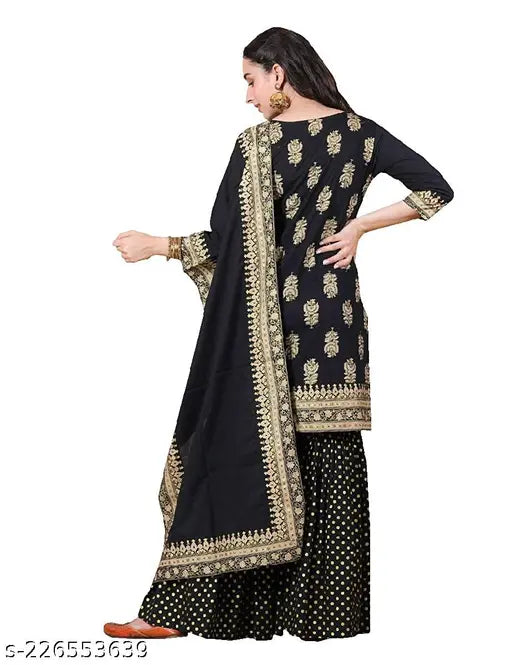 Women's black viscose straight festive gold gharara kurta dupatta set with gota work, floral print on rayon fabric, three-quarter sleeves