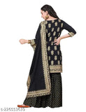 Women's black viscose straight festive gold gharara kurta dupatta set with gota work, floral print on rayon fabric, three-quarter sleeves