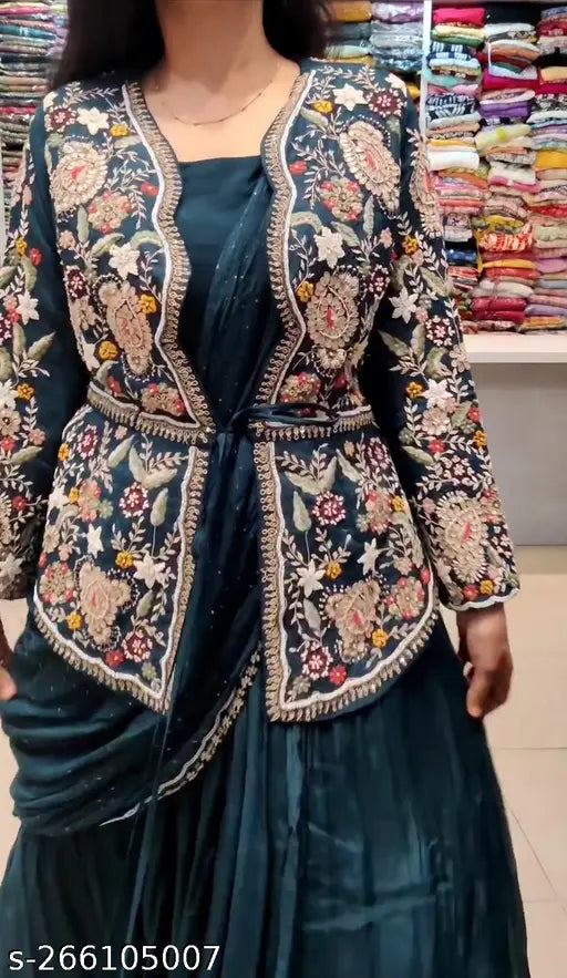 Green silk designer gown by New Party Wear, featuring koti and dupatta, free size (bust 40in, length 42in), solid pattern