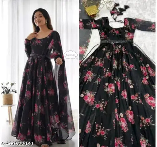 Stylish retro women's Georgette Kurta with dupatta, printed floral design, three-quarter sleeves. Single piece elevates ethnic wardrobe. India origin