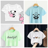 Classic feminine cotton blend short-sleeve T-shirts for women, printed design on four pieces (S, M, L, XL), Indian origin