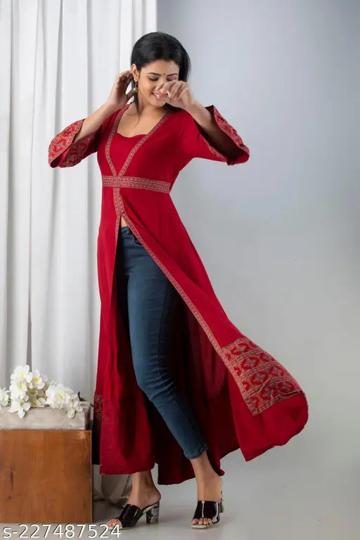 Maroon rayon front-slit kurta with three-quarter sleeves, premium ethnic women's wear from ftDiva, India