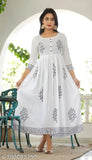 Rayon hand-block printed long flair Anarkali Kurti in vibrant colors, three-quarter sleeves, perfect for Indian festivals and events. Women's fashion accessory