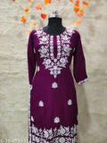 Women's slub rayon 2-piece kurta and bottom wear set, embroidered net, three-quarter sleeves, rayon fabric. Rayon chikankari work kurti and plazzo set, multiple sizes available, India origin