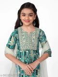 Embroidered printed cotton kurta bottom dupatta set for girls, single net quantity, three-quarter sleeves