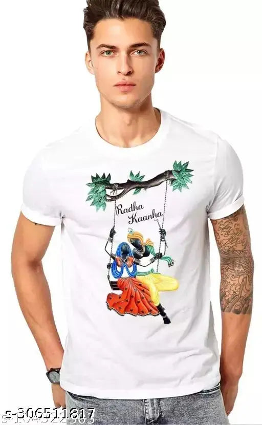Striped polyester Krishna Ji T-shirt, short sleeves, Indian design