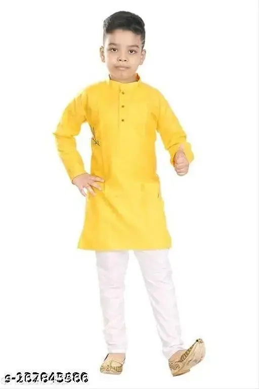 yellow cotton solid kurta, long sleeves for children ages 1-15, India origin