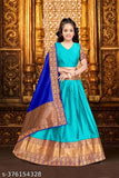Traditional South Indian Lehenga Choli for Girls, Art Silk with Chanderi Cotton and Chanderi Silk Dupatta, Stripe pattern, Unstitched, Zari print, 3/4 sleeves. Solid with woven fabric, best quality, fits regular size, paired with heels or flats and matching jewelry, dry clean only, origin India