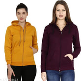 Mustard and wine color fleece hoodie jacket with long sleeves, plain casual design for men or women, on a mannequin or hanger