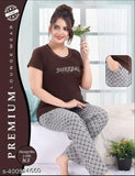 Women's chocolate hosiery cotton printed half sleeve T-shirt and pajama pants night suit set, regular fit and soft material for comfortable sleepwear