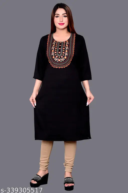 Woolen three-quarter sleeve kurti, solid design with stylized work embroidery. Ideal for winter regular use. Indian made." (108 characters)
